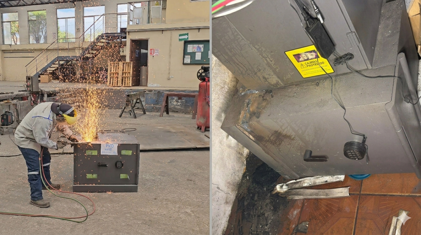 Izquierda: ensayo de oxicorte en planta P&D. Derecha: intento de robo real &mdash; la caja resisti&oacute;.